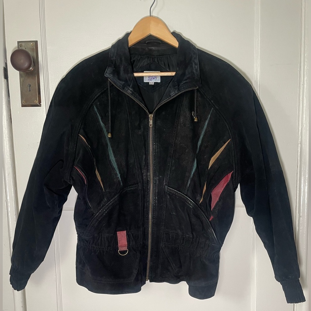 RARE Vintage 80s Suede jacket with cinched waist and coloured suede details- S/M